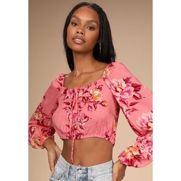 NWT Lulus Cheerful Disposition Pink Floral Print Lace-Up Crop Top Size Small - Picture 2 of 11